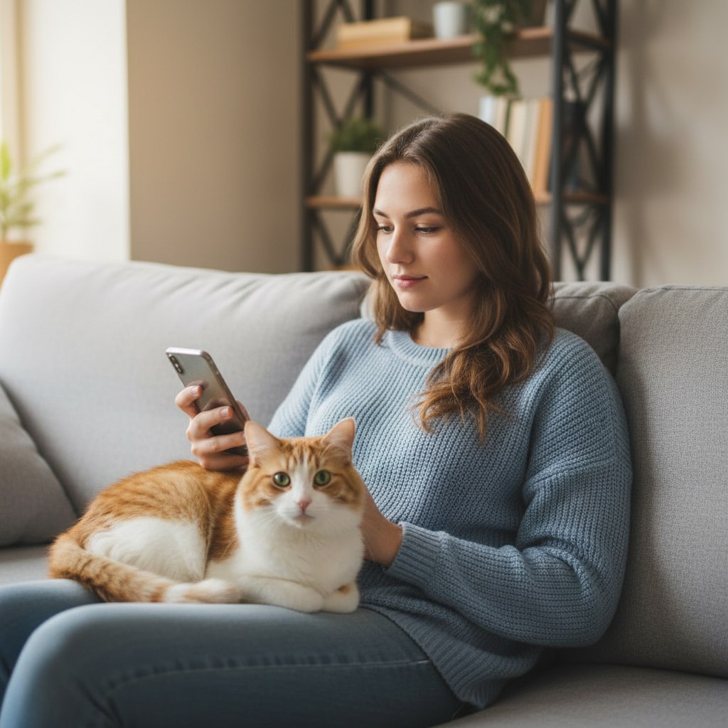 Счастливый кот и хозяин с телефоном