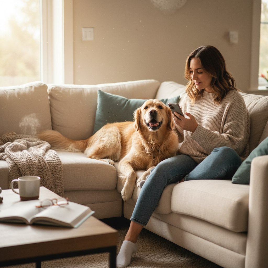 Счастливая собака и хозяин с телефоном