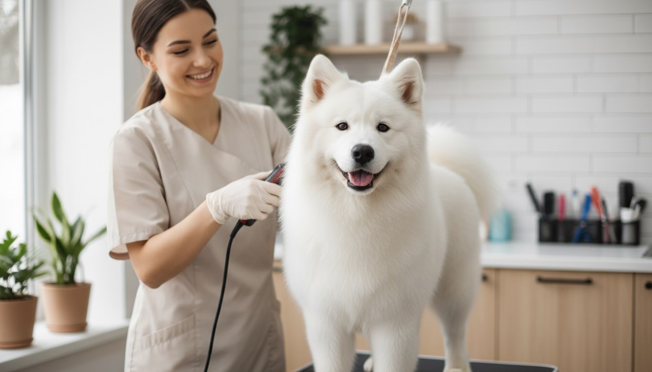 Грумер работает с собакой в салоне